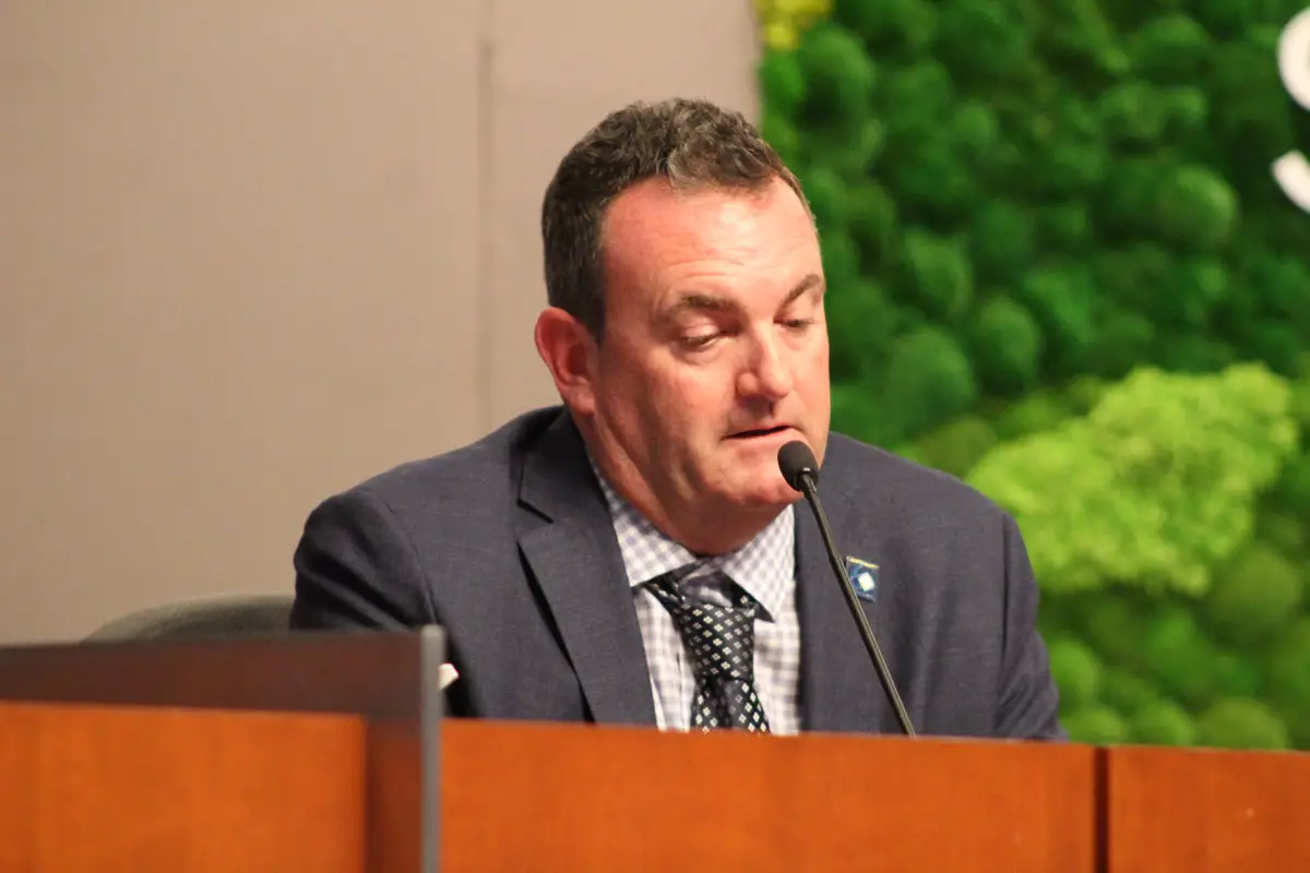 — San Marcos City Councilmember Mike Sannella speaks in favor of the proposed 202-unit mixed-use project at the Restaurant Row site during the City Council’s Dec. 12 meeting. Photo by Laura Place 