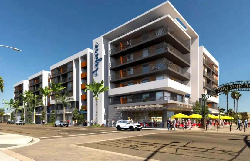 The Aspire project was a proposed mixed-use residential project on a municipal parking lot in downtown Escondido that resulted in a lawsuit between the developer and city. Courtesy rendering/Touchstone