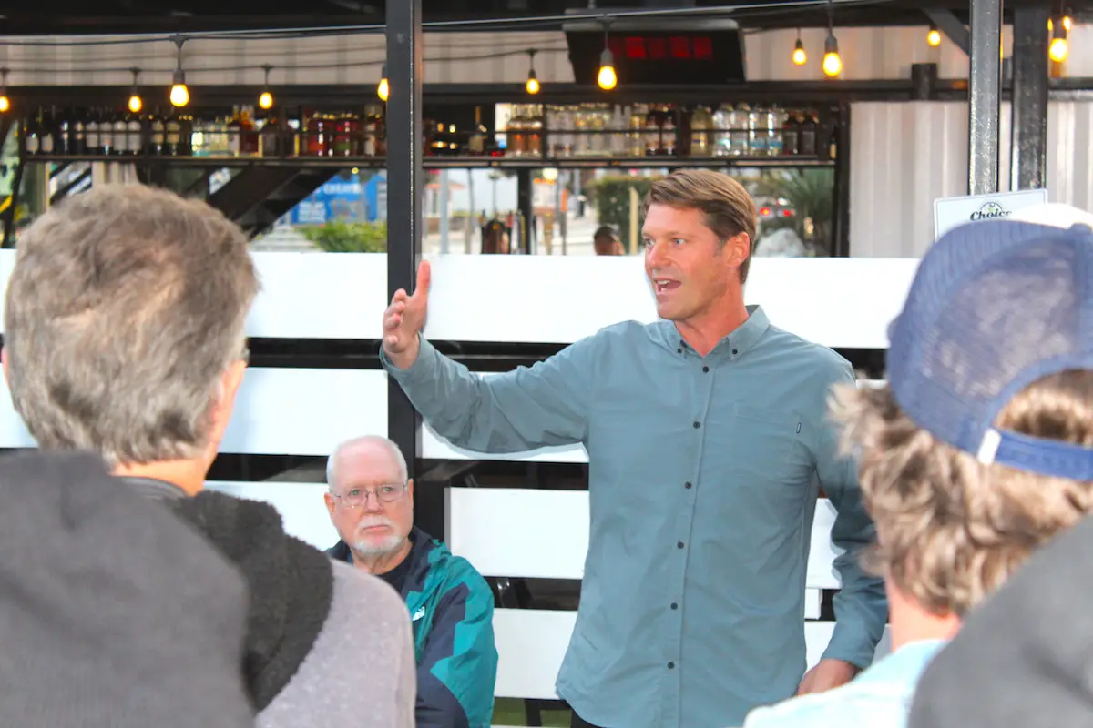 Kirk Moller of Kirk Moller Architects, Inc. answers questions from Carlsbad residents about a proposed mixed-use development at the intersection of Carlsbad Village Drive and State Street on Jan. 25. Photo by Laura Place