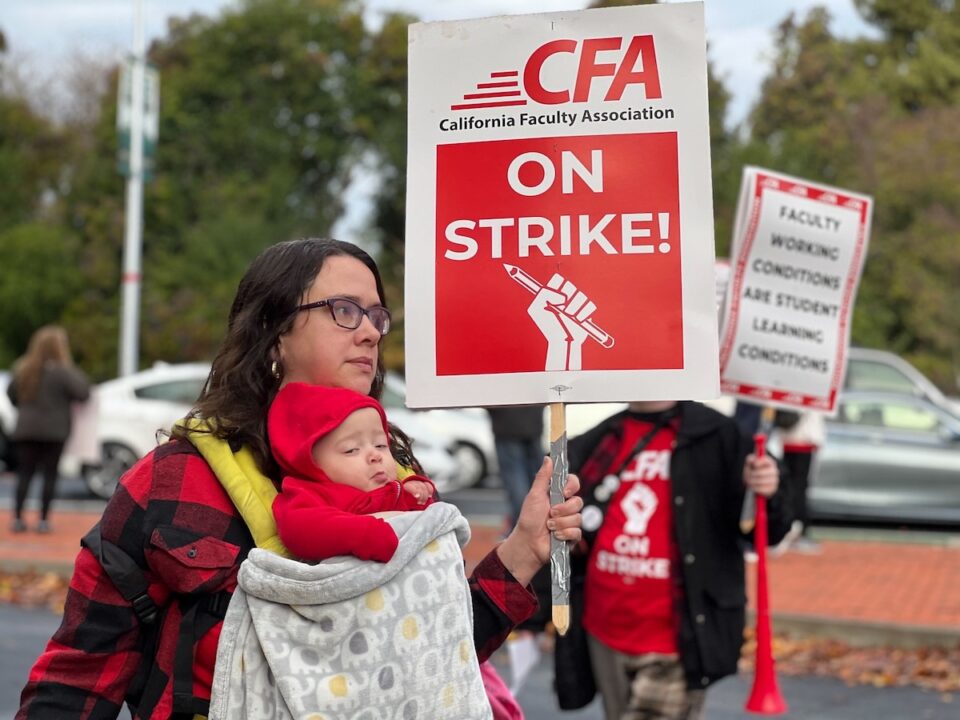 Faculty members and their families picket outside of Sacramento State University in December. A system-wide strike at all CSU campuses will commence Jan. 22. Photo courtesy California Faculty Association