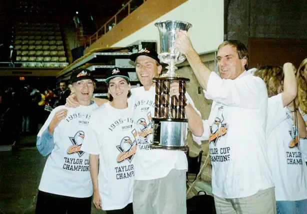 Ron Hahn, 80, a longtime Rancho Santa Fe resident, died this month. Here, Ron, right, and his family celebrate one of five West Coast Hockey League titles his San Diego Gulls won from 1995 to 2003. Courtesy photo