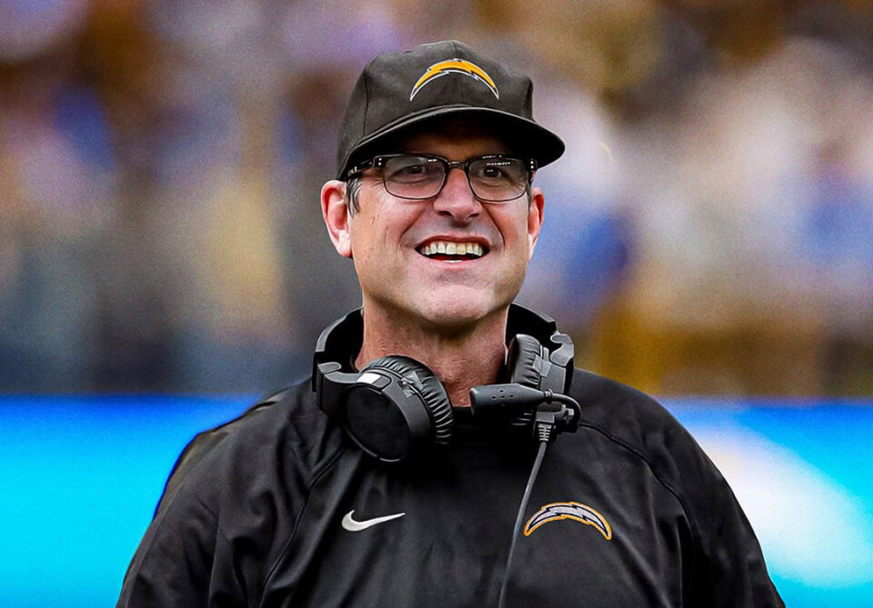The Los Angeles Chargers have reportedly hired Jim Harbaugh as the team's next head coach. Photo via X/ESPN