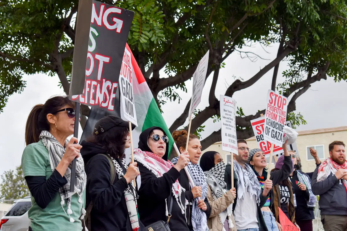 Members of the San Diego chapters of the Palestinian Youth Movement and Jewish Voice for Peace protested outside Rep Mike Levin's office on Feb. 9 in Oceanside. Photo by Samantha Nelson