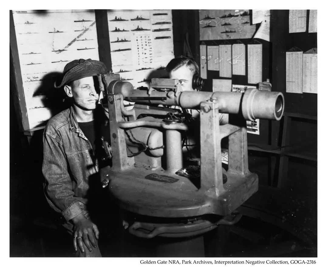 American servicemen utilize a depression position finder in 1942 at Fort Scott. These instruments helped determine the range and location of enemy ships. Courtesy photo/public domain