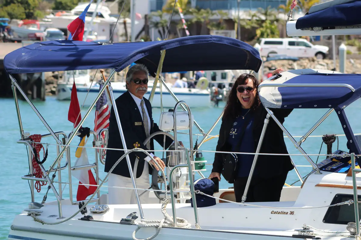 Oceanside Mayor Esther Sanchez rides along during the Oceanside Yacht Club opening day ceremony boat parade. Photo by Samantha Nelson