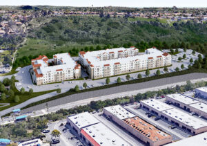 A rendering of what the Olive Park Apartments would look like on the currently vacant, 43.5 acre plot of land off Olive Drive near the College Boulevard Sprinter Station in Oceanside. Courtesy rendering