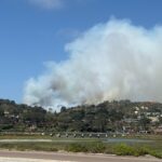 A brush fire erupted this afternoon near the intersection of Carmel Valley Road and Del Mar Scenic Parkway near Torrey Pines State Beach. Photo via X/San Diego County Air Pollution