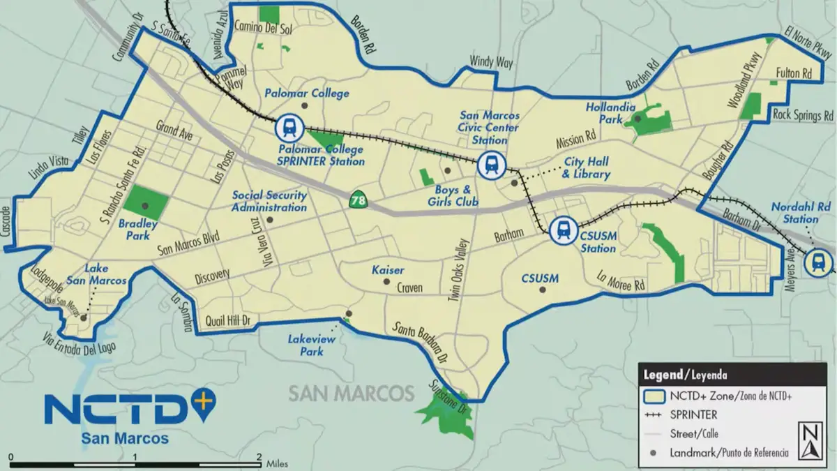 Riders can use the NCTD+ service to get anywhere in the approximately 10-mile service zone in San Marcos, which includes several parks, shopping centers, schools, and transit centers. Map by NCTD
