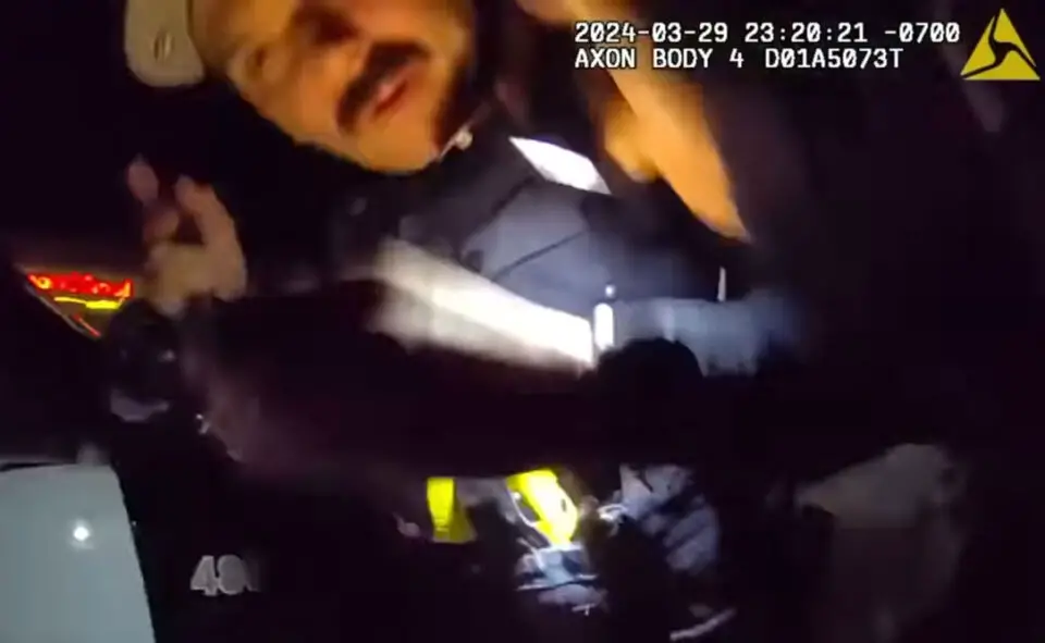 Bodycam footage showing the moment when Officer Michael McKinney is allegedly struck by Kyle McCord with a skateboard. Screenshot