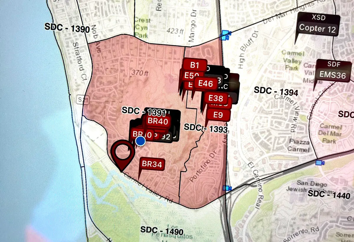 Evacuation area is shaded red. The evacuation point for for residents is the Del Mar Fairgrounds. Courtesy photo/SDFD