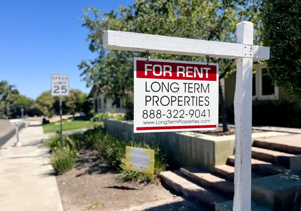 A rental sign posted by Long Term Properties at a home on Madrilena Way with a converted ADU garage. Photo by Jordan P. Ingram