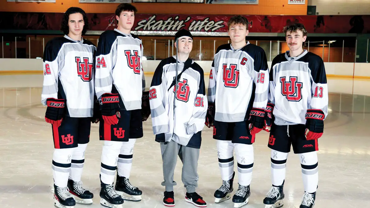 In January, Patrick “Paddy” O’Donnell, center, stands with his Utah Utes hockey teammates to promote the program’s Patrick O’Donnell Glioblastoma Fundraiser game, which aimed to help Paddy return to the ice. Courtesy photo/UU Athletics