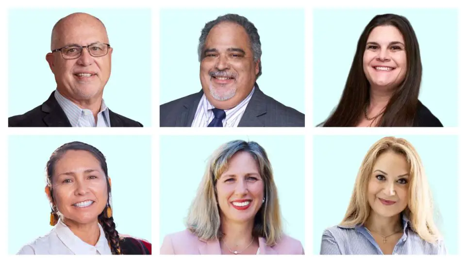 Candidates for the Palomar College Governing Board (clockwise from top left): Edward Pohlert, Roberto Rodriguez, Michelle Rains, Maria Acosta, Holly Hamilton Bleakley, and Ami Admire. Courtesy photos