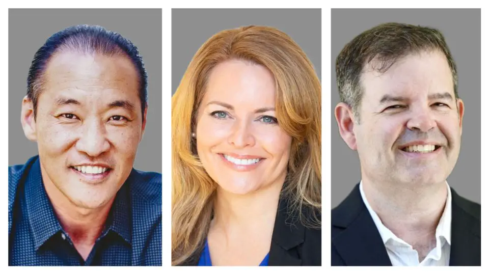 Carlsbad candidates Kevin Shin, left, and incumbent Teresa Acosta, center, hold early leads in their council seat races. Christian Peacox, right, leads the four-way race for city treasurer. The Coast News graphic