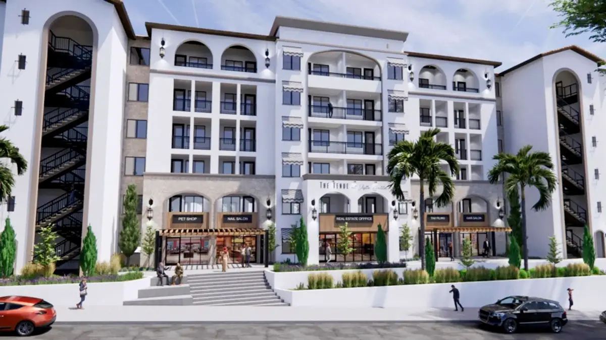 the six-story mixed-use development would replace a vacant office building at the corner of Vista Bella and Vista Rey streets. The project would offer 73 apartments and ground-floor commercial spaces. Courtesy rendering