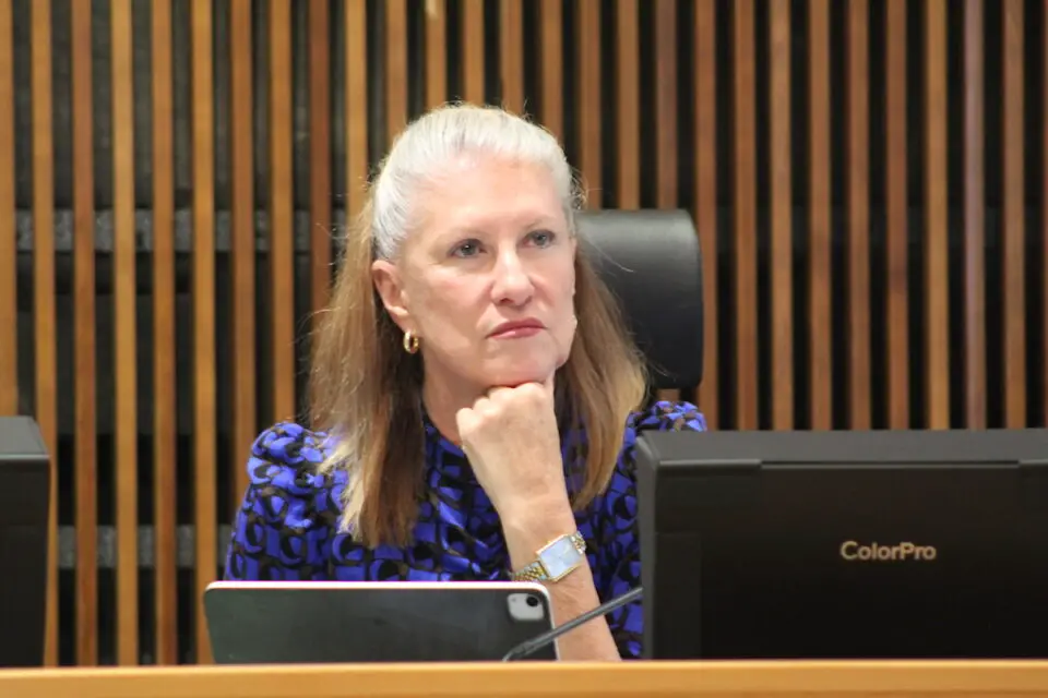 Del Mar City Attorney Leslie Devaney is pictured during a September 2024 City Council meeting at the Del Mar Civic Center. Photo by Leo Place
