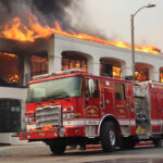 A commercial building burns in Los Angeles during the Palisades Fire. Photo by Cal Fire