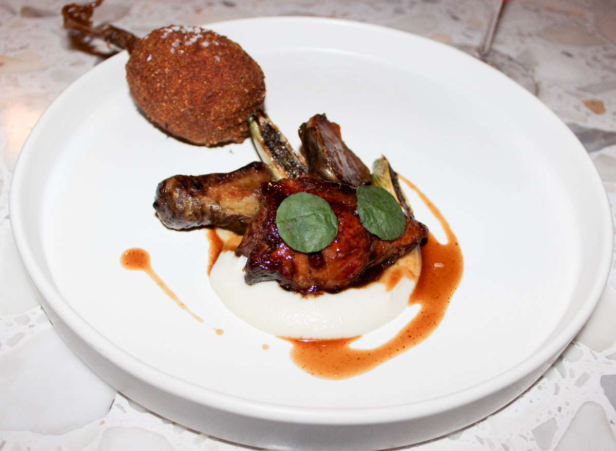 Root Beer Lacquered Squab with sunchoke purée, confit leg farrotto, and cherry jus paired with a Pinot Noir duo: 2023 Ueberroth Vineyard and 2023 Gap’s Crown. Photo by Rico Cassoni