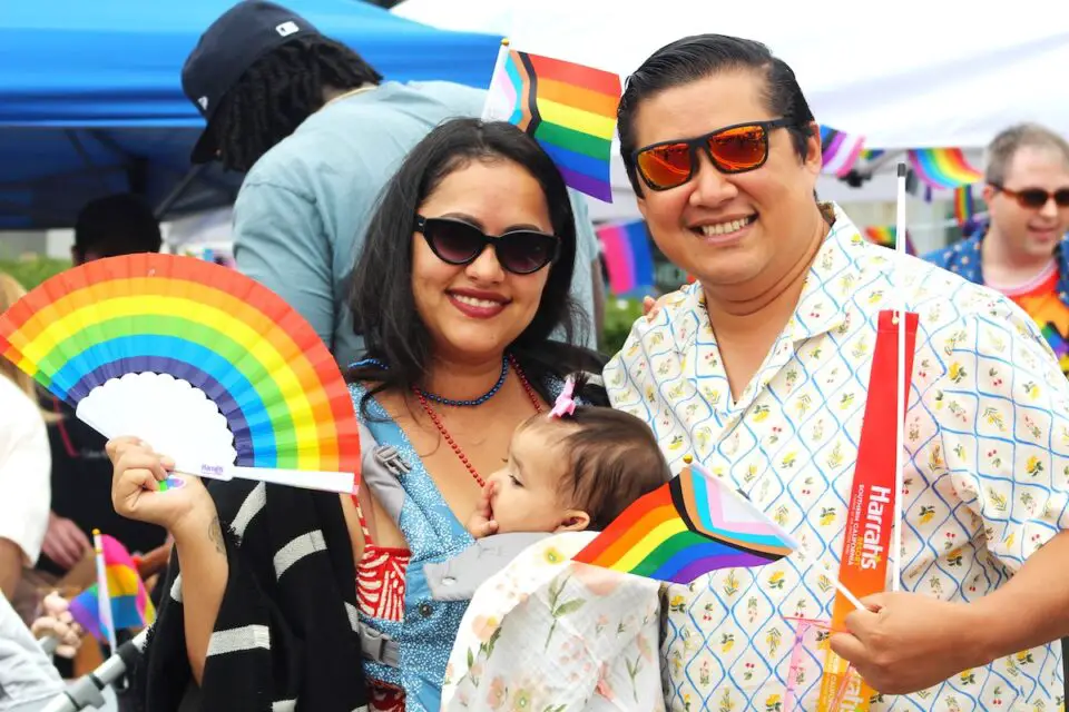 Ana Smith, her brother Christopher Carballo, and baby Kayana attend the 2025 Pride by the Beach festival in Oceanside on Saturday. Photo by Leo Place