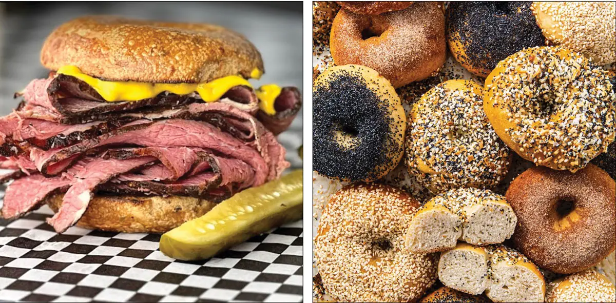 A pastrami and bagel sandwich at Inglourious Bagels, whose commitment to New York-style bagels led ownership to try to hire a chemist to replicate New York water. Photos via Facebook/Inglourious Bagels