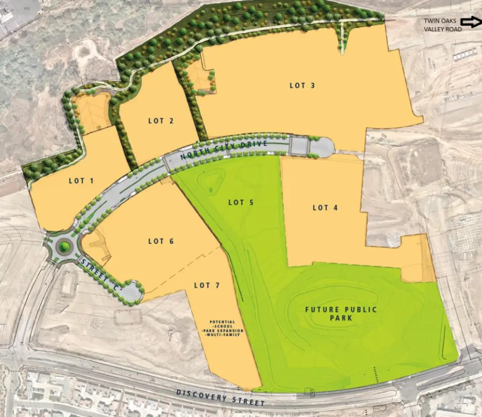 The 16.5-acre site of Sky View Park, depicted as Lot 7, is located in North City west of Twin Oaks Valley Road and north of Discovery Street. Courtesy City of San Marcos