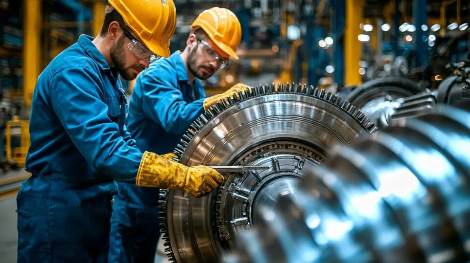 Two male engineers in a factory work on a large metal gear.