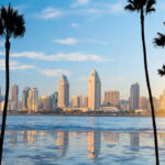 Coastal Tourism, a distant photo of the San Diego skyline over the bay, framed by palm trees