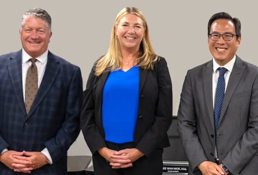 Marisa Janicek, pictured with Del Mar Union School District trustees Doug Rafner, left, and Gee Wah Mok, has been selected as the new superintendent. Courtesy photo