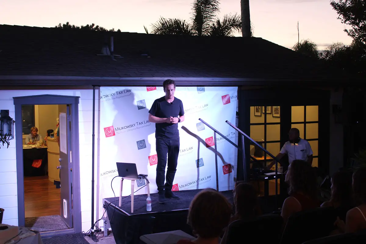 Colin O'Brady speaks on Sept. 19 at the Milkowsky Tax Law Endurance Event in Leucadia. Photo by Cameron Adams