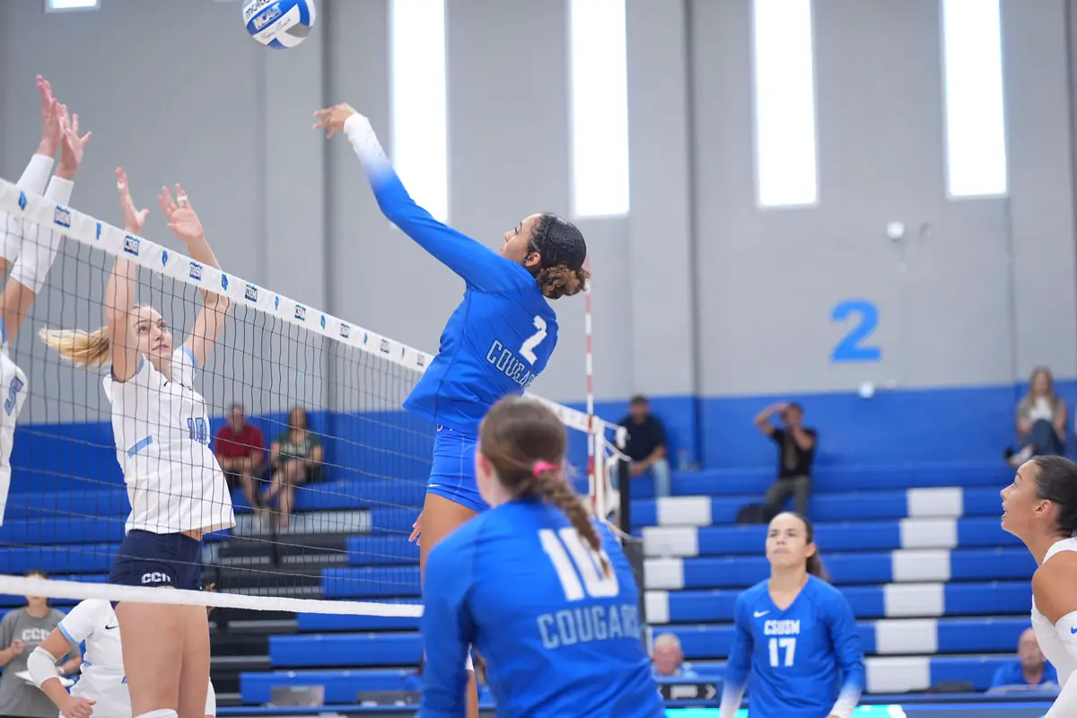 Oceanside native Hazel Livingston-Jones adjusts to the speed of Division II volleyball in her first year with the Cougars. Courtesy photo/CSUM Athletics