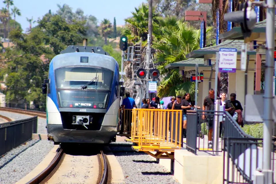 The city of Vista is studying options for a grade separation at the Vista Transit Center on North Santa Fe Avenue, including raising the tracks above the street level to eliminate at-grade crossings. Photo by Leo Place