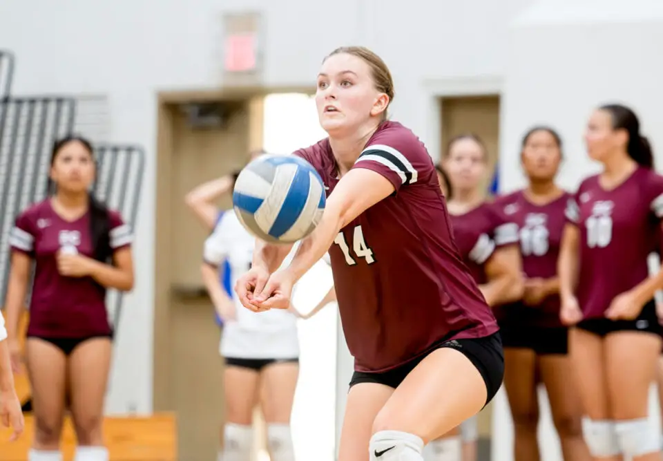 Escondido Charter senior Audrey Cahill defends a shot during an Aug. 21 match against San Pasqual. Photo by Rudy Schmoke