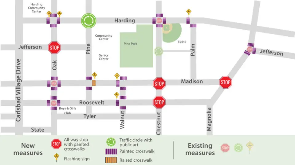 A city map shows proposed traffic calming measures in Carlsbad’s Barrio neighborhood. Courtesy photo