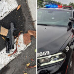 Fatal Carlsbad carjacking: A handgun believed to belong to suspect Andre Anthony Matijasevic is shown alongside bullet holes in the windshield of a Newport Beach police vehicle following a shootout Saturday. Courtesy photo/OCSD