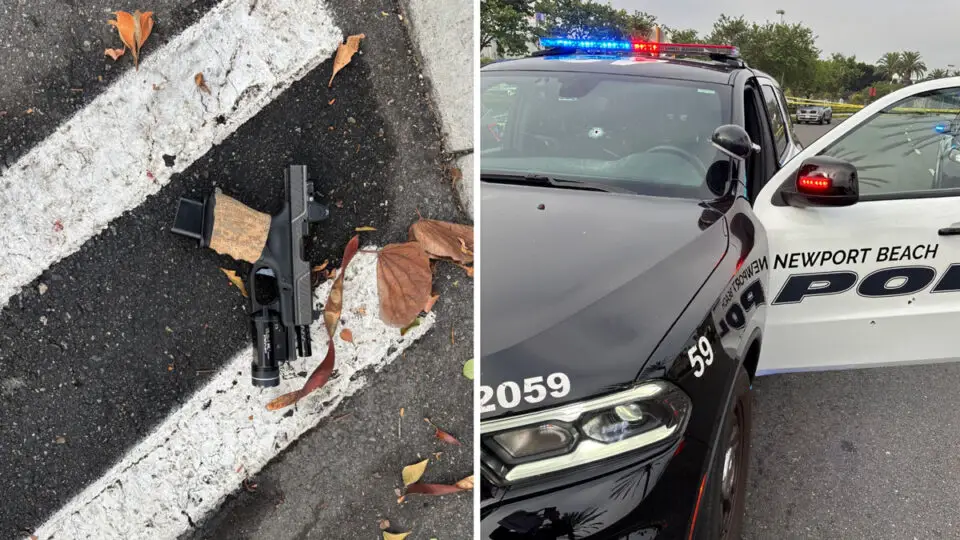 Fatal Carlsbad carjacking: A handgun believed to belong to suspect Andre Anthony Matijasevic is shown alongside bullet holes in the windshield of a Newport Beach police vehicle following a shootout Saturday. Courtesy photo/OCSD