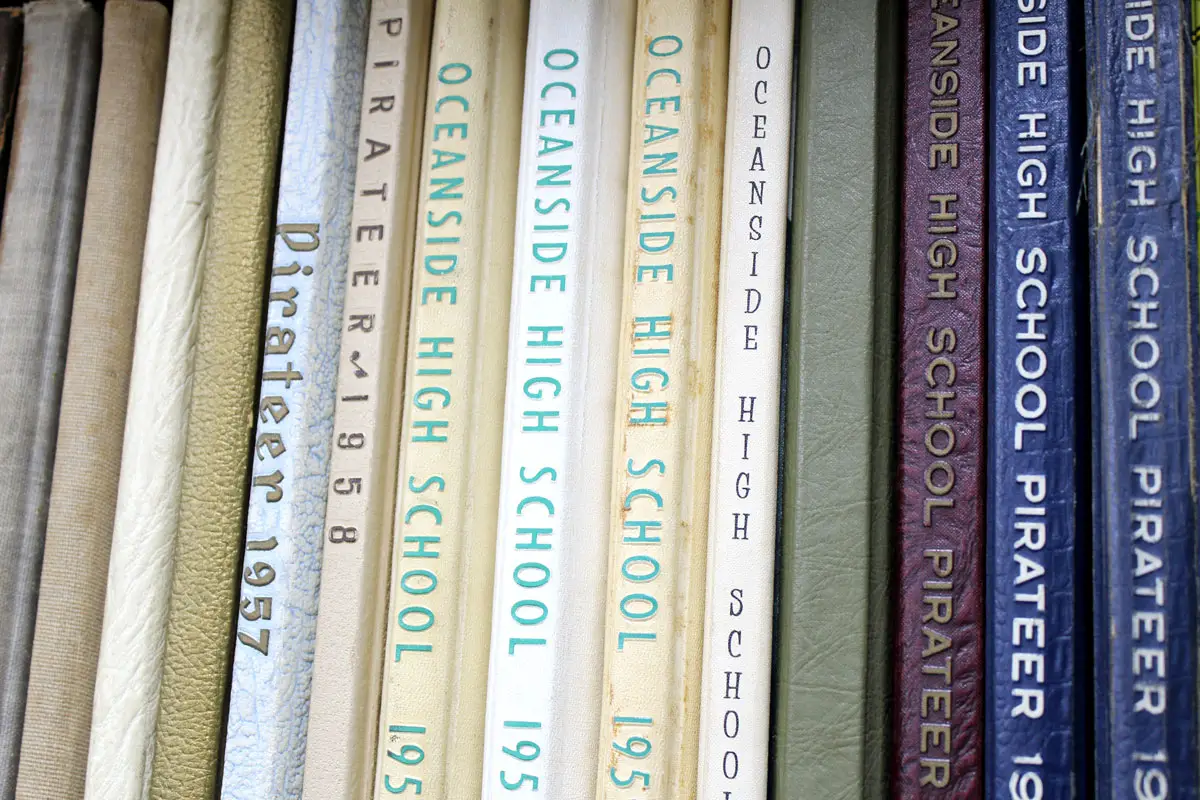 Old yearbooks from Oceanside high schools. Photo by Samantha Nelson