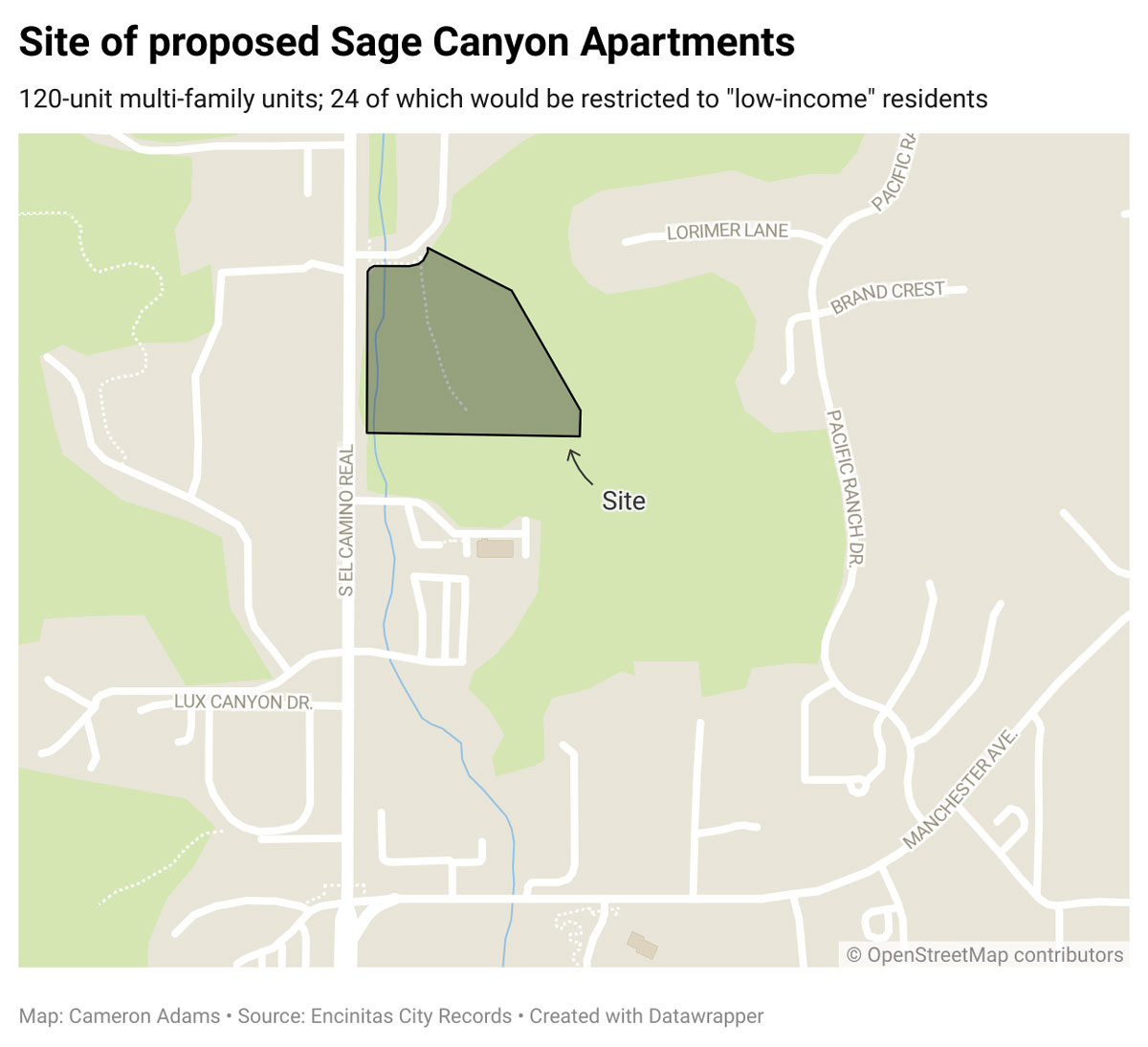 A map shows the site of the proposed 120-unit Sage Canyon Apartments off El Camino Real in Encinitas. Courtesy image
