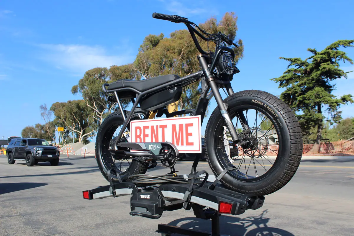 An e-bike for rent in front of the 101 Bike shop, formerly the home of Griff Electric Bikes on Coast Highway 101 in Leucadia. The 101 Bike company was founded in part by motocross champion Jeremy McGrath and BMX legend Bob Haro, founder of Haro Bikes. Photo by Jordan P. Ingram