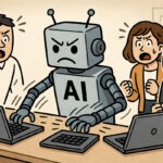 A cartoon-style illustration shows a gray robot labeled “AI” furiously typing on three laptops at once.