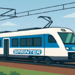 A cartoon depicting an electric Sprinter train connected to a catenary.