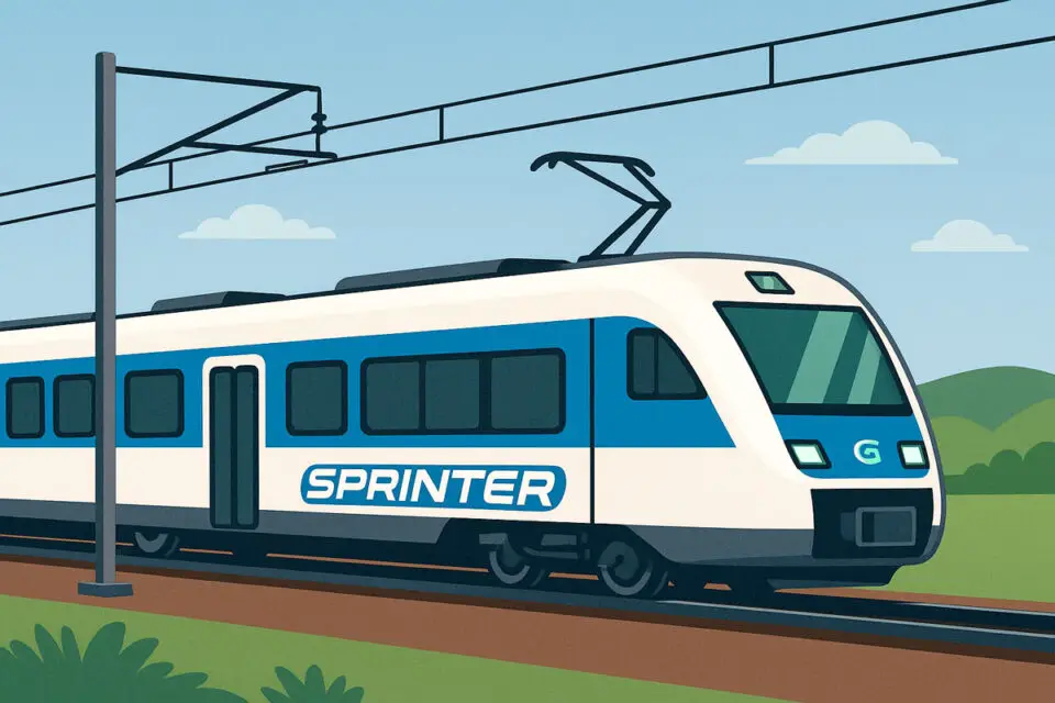 A cartoon depicting an electric Sprinter train connected to a catenary.