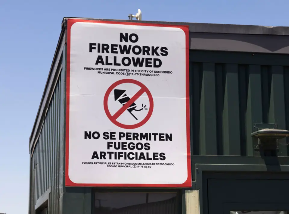 A sign posted in Escondido, where city officials are working to address illegal fireworks activity as part of broader public safety efforts. Photo by Frank Armstrong
