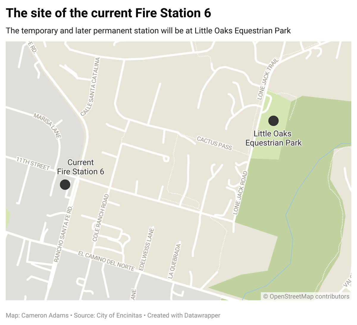 Locations of the current Fire Station 6 as well as the site of the planned future temporary and permanent station.