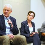 Encinitas Mayor Bruce Ehlers (left), Solana Beach Mayor Lesa Heebner, and Carlsbad Mayor Keith Blackburn participated in the Oct. 23 North County Mayors Forum at Pacific Ridge School. Photo by Leo Place