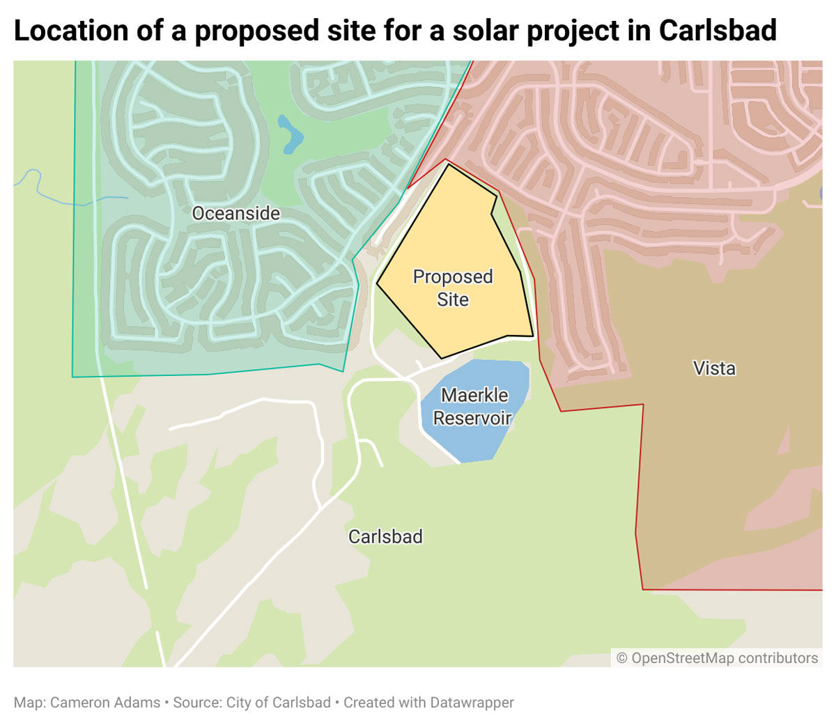 A map of the proposed site of a solar panel project at Maerkle Reservoir near the Oceanside and Vista borders. Graphic by Cameron Adams/Source: City of Carlsbad