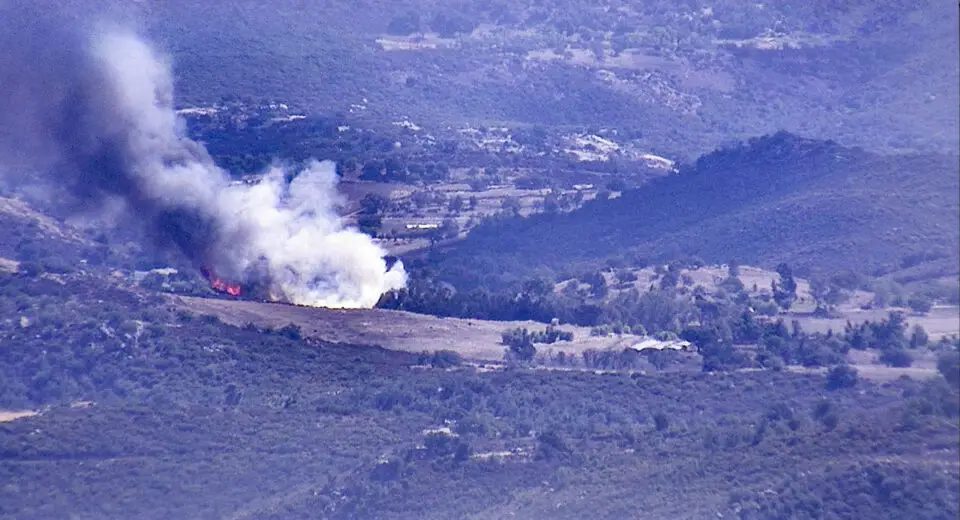 Smoke rises from the Rancho Fire near Ballena, east of Ramona. Courtesy photo/SDG&E