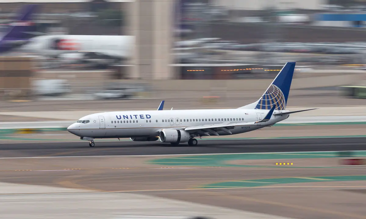 A United Airlines aircraft at San Diego International Airport. Starting March 30, 2026, the carrier will offer daily flights from Carlsbad to Denver and San Francisco. Photo by Ryan Fletcher