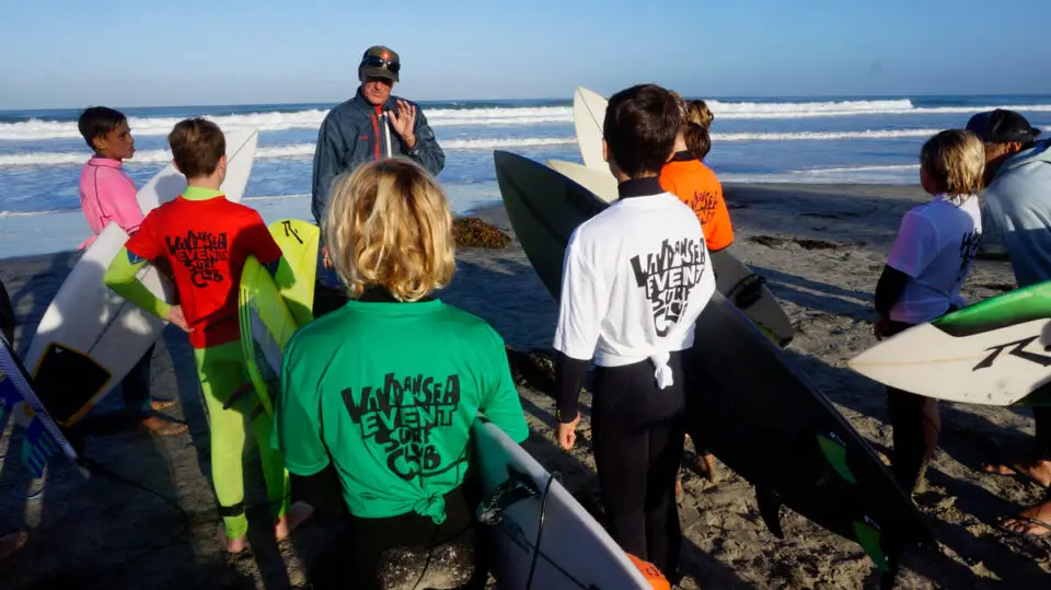 Surfers get their final instructions before paddling out in the 32nd Windansea Surf Club Menehune Contest. Photo by Chris Ahrens
