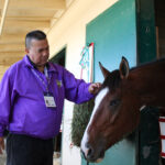 Chaplain Eli Hernandez brushes his hand over a thoroughbred in the shedrow on Oct. 31 at Del Mar Racetrack. Photo by Jordan P. Ingram
