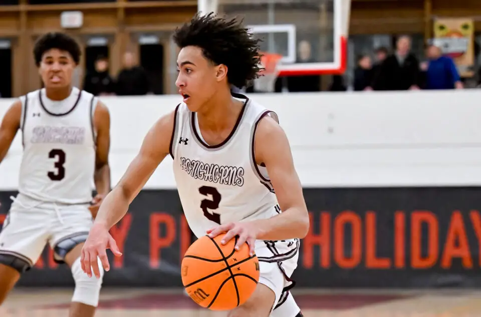 Rancho Buena Vista guard CJ Aldrich drives to the basket during a game last season, when he averaged nearly 30 points and 10 rebounds per game. Photo by Justin Fine